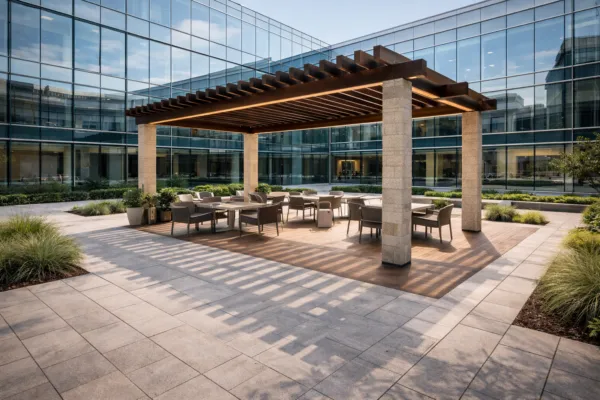 Pergola with seating area in modern office courtyard with glass building surroundings