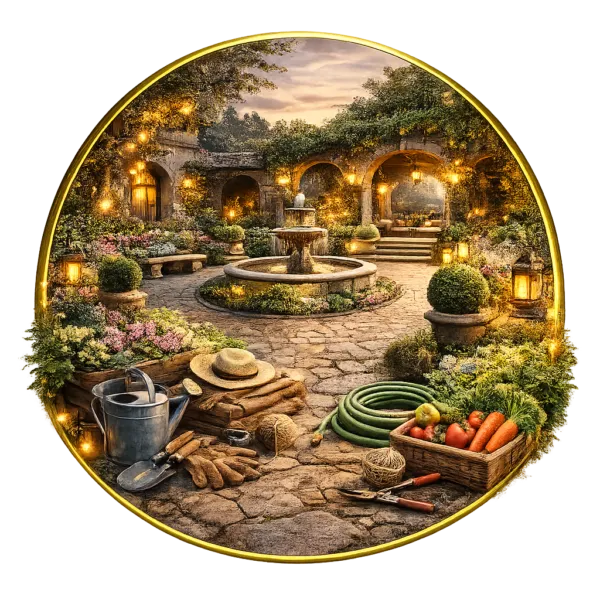 Stone courtyard garden with central fountain, plants, arches, warm lighting, and gardening tools arranged in the foreground