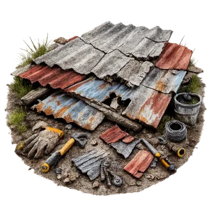 Broken and rusted roofing sheets with tools showing low quality materials and damage