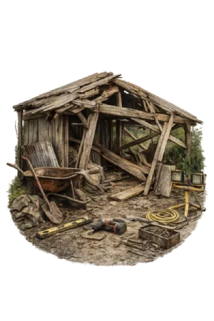 Broken wooden shed with damaged beams and scattered tools showing structural failure