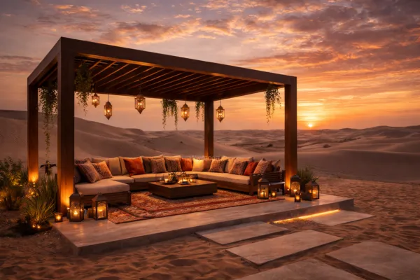 Wooden pergola with seating and lantern lighting in desert landscape at sunset