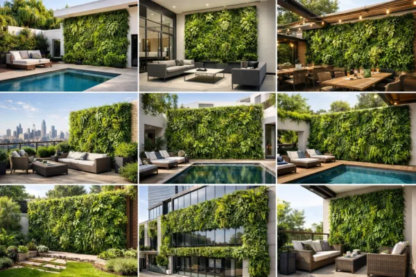 Luxury outdoor spaces with vertical green walls in villas and patios