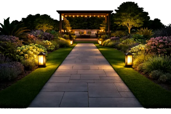 Garden pathway with landscape lighting, paved walkway, seating area, and surrounding plants in a well-designed outdoor space.
