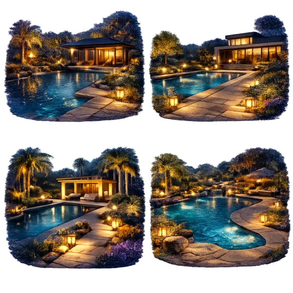 Collection of outdoor pools at night with warm landscape lighting, illuminated pathways, palm trees, and modern poolside seating areas