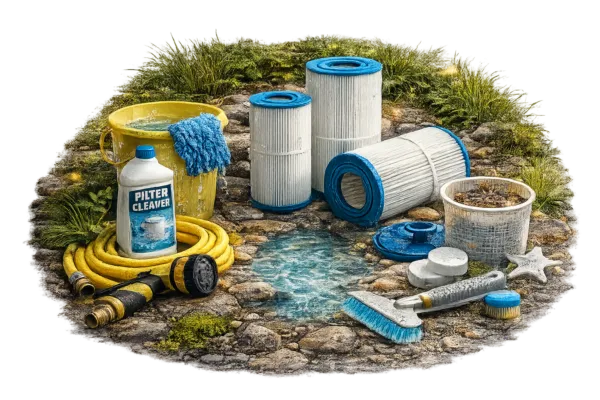 Pool filter cartridges, cleaning brush, hose, bucket, and filter cleaner solution arranged for maintenance use