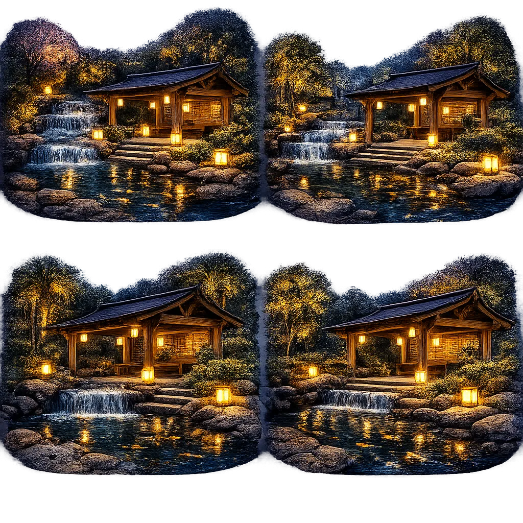 Wooden garden pavilion beside water feature with waterfall and warm lighting at night