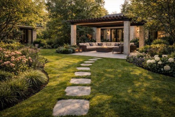 Pergola with seating area in landscaped garden with lawn and stone pathway leading to it