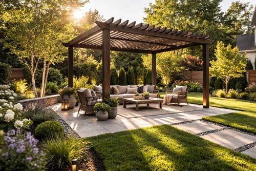 Wooden garden pergola with seating area surrounded by lawn, plants, and paved walkway