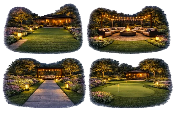 Collection of landscaped gardens with artificial grass lawns, pathways, seating areas, and decorative outdoor lighting