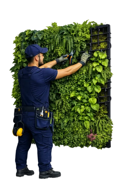 Technician maintaining a vertical green wall and trimming plants