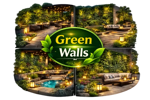 Outdoor patio garden with decorative green walls, seating area, lighting, and landscaped plants