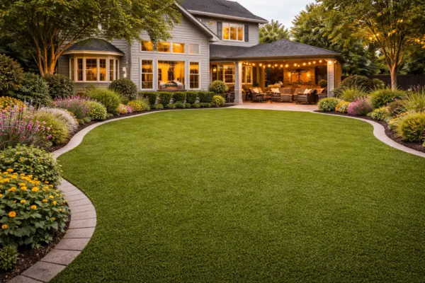 Smooth artificial grass lawn in a backyard surrounded by plants, curved borders, and a house with outdoor seating area