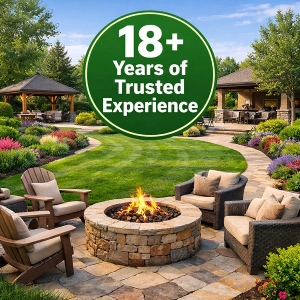 Landscape design with garden lawn, fire pit seating area, and outdoor patio showing 18+ years of trusted landscaping experience.