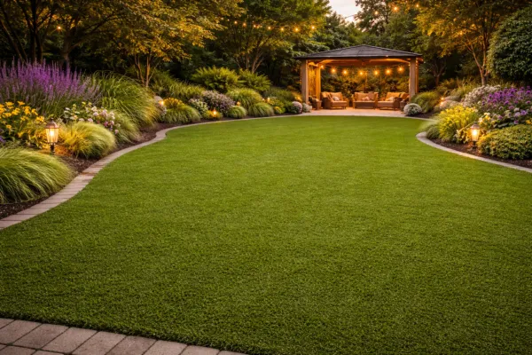 Smooth artificial grass lawn in a backyard surrounded by plants, curved borders, and a house with outdoor seating area