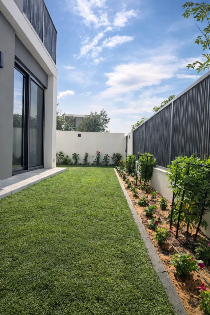 Residential lawn landscaping in Dubai with green grass, flower beds, and boundary wall planting