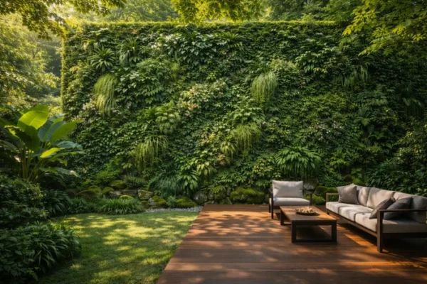 Outdoor garden patio with a natural living green wall and seating area