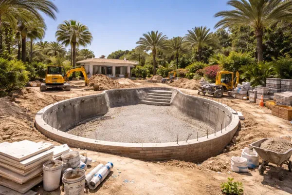 Excavated swimming pool under construction with concrete walls, steps, and construction equipment in a palm-filled residential garden
