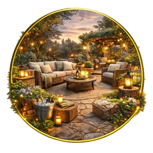 Cozy outdoor seating area with sofas, coffee table, plants, lantern lights, and pergola in a landscaped garden