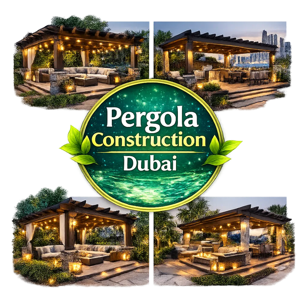 Modern wooden pergola with lighting and outdoor seating in landscaped garden Dubai