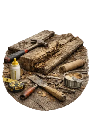 Wood pieces with carpentry tools including hammer, tape measure, glue, and chisel for pergola construction