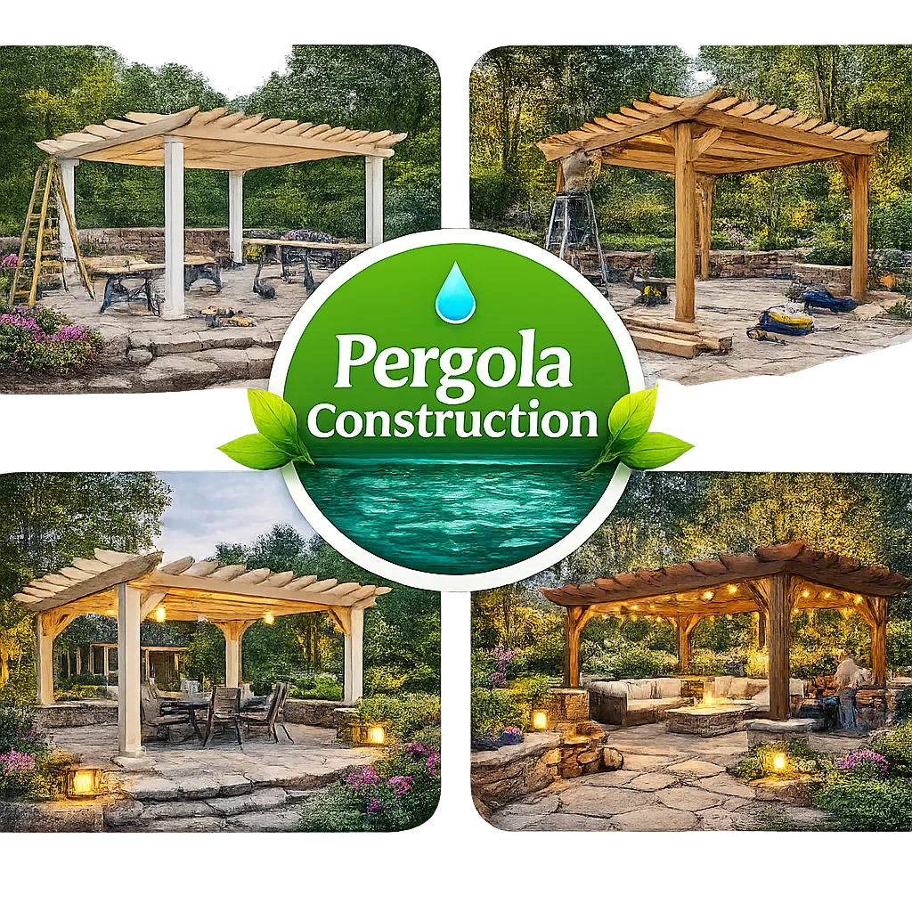 Pergola construction stages showing frame setup, installation work, and completed outdoor seating structure