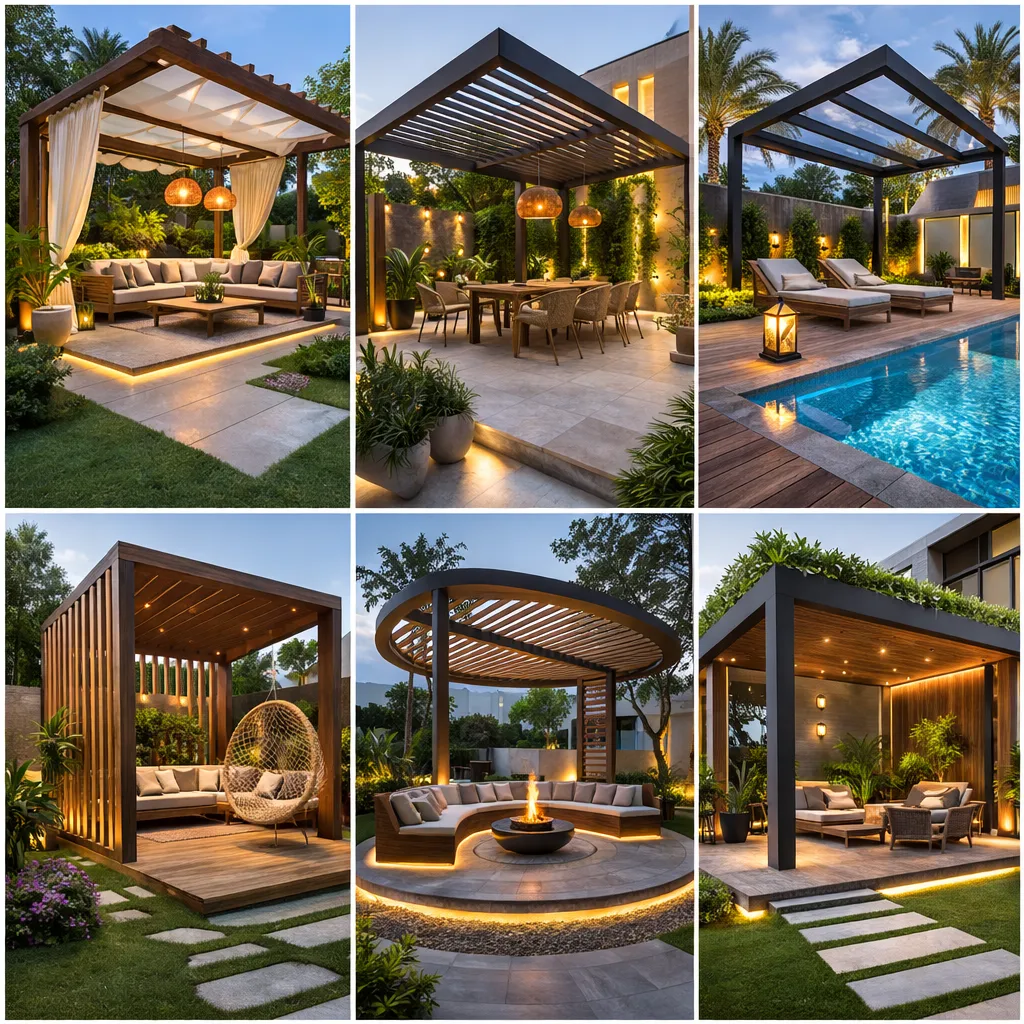 Different pergola designs with lighting, seating areas, poolside and garden layouts