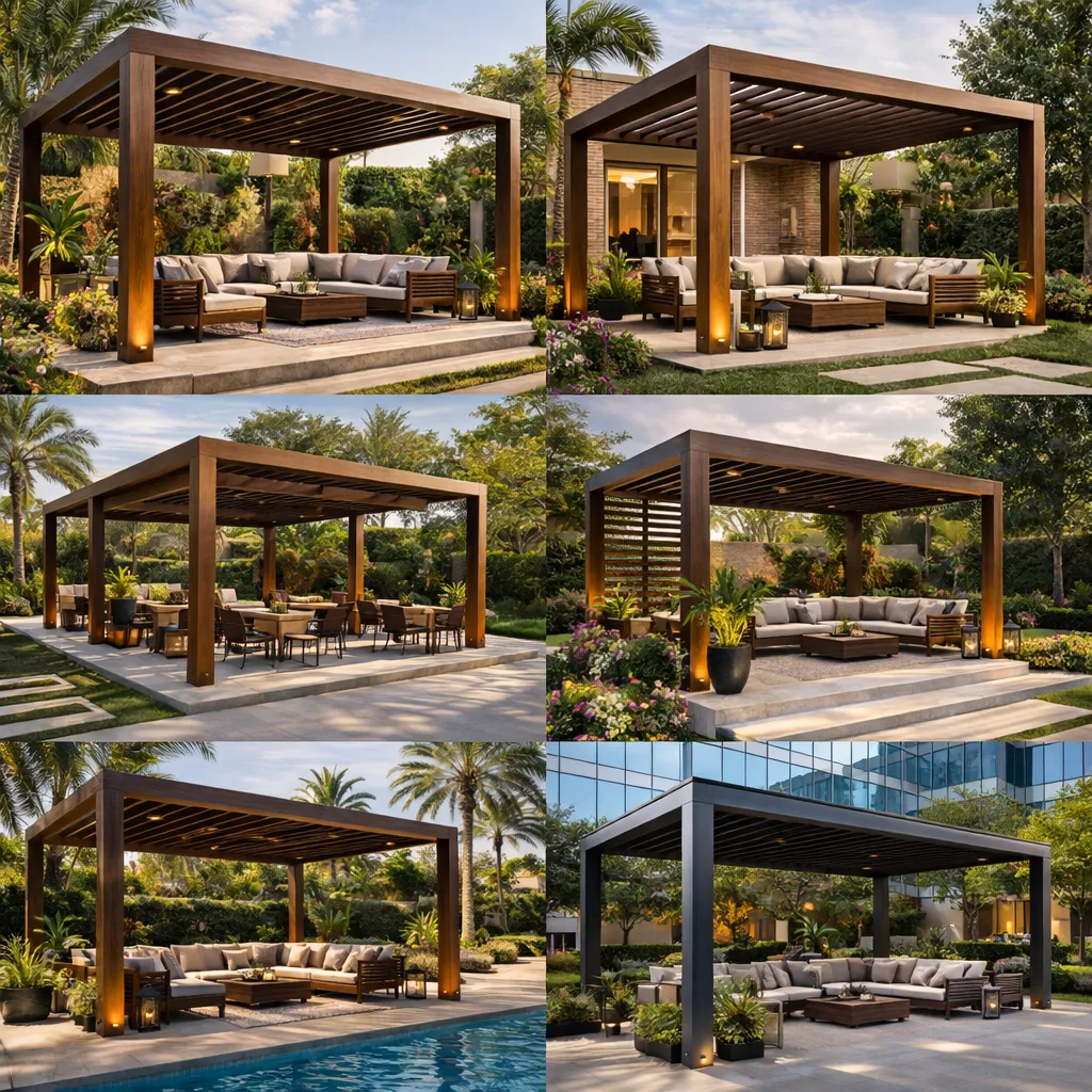 Collection of wooden and aluminum pergola designs with seating areas in landscaped gardens and poolside settings