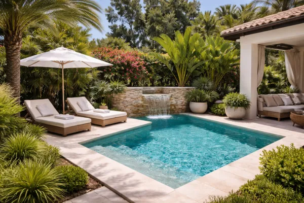 Small luxury plunge pool with waterfall, lounge chairs, umbrella, and tropical garden landscaping