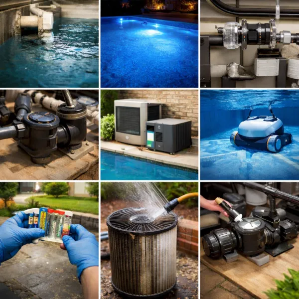 Collage showing pool filtration systems, pump equipment, cleaning robot, water testing kit, and filter cleaning process