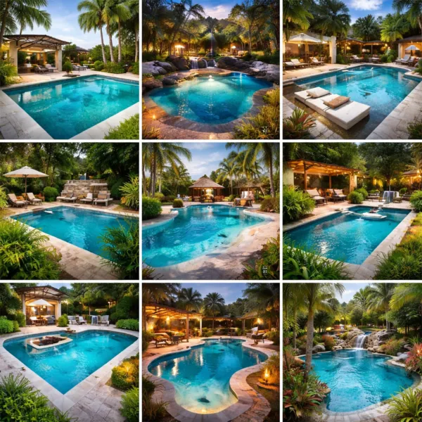 Collage of multiple luxury swimming pool designs with tropical landscaping, lighting, waterfalls, and seating areas