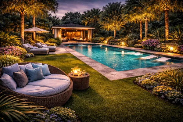 Elegant swimming pool surrounded by palm trees, garden lighting, lounge seating, and landscaped greenery at night