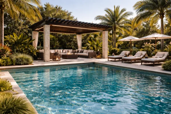 Pergola with seating area beside swimming pool with sun loungers and landscaped garden
