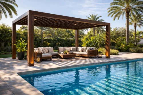 Wooden pergola with seating area beside swimming pool in landscaped Dubai villa garden