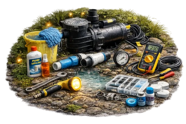Pool pump system with pressure gauge, multimeter, tools, and maintenance supplies arranged for inspection and repair