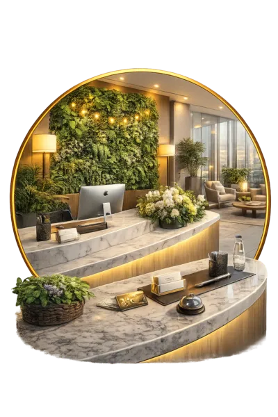 Office reception desk with indoor green wall and decorative plants