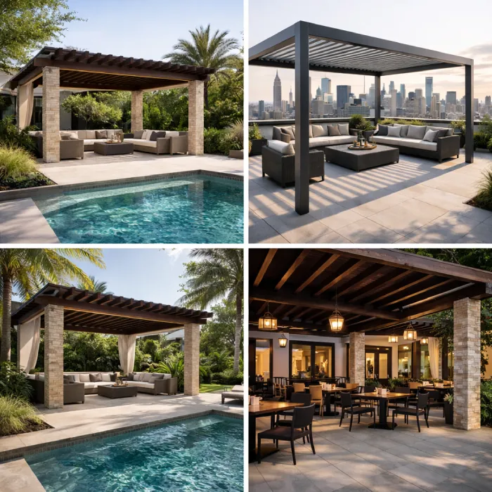 Pergola designs for villa poolside, rooftop seating, and restaurant outdoor dining areas