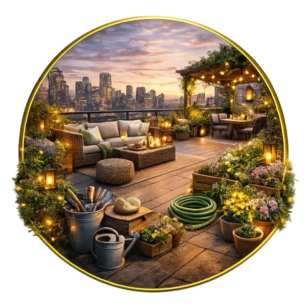 Rooftop garden setup with landscaping tools, seating area, plants, and a partially arranged outdoor space.