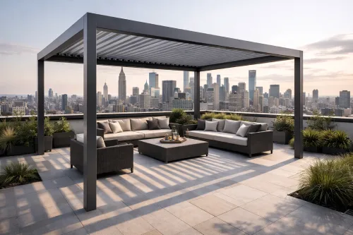 Modern rooftop pergola with outdoor seating and skyline view in urban setting