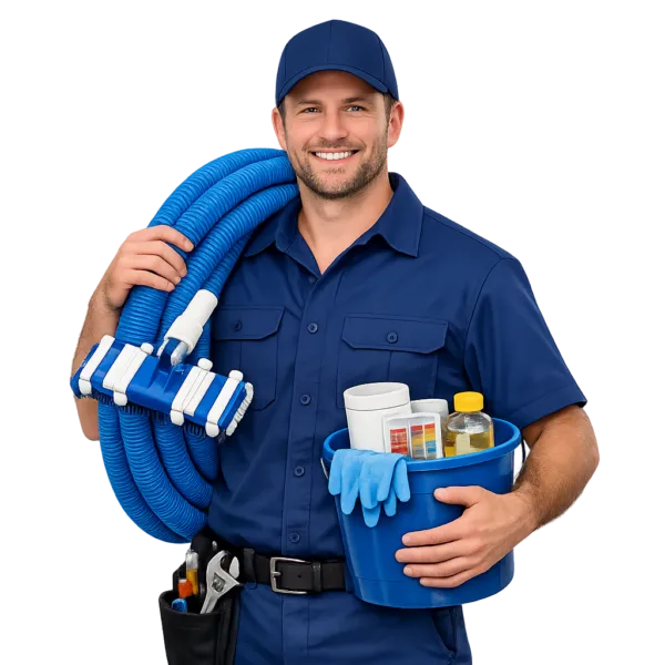 Swimming pool technician holding cleaning equipment and maintenance tools