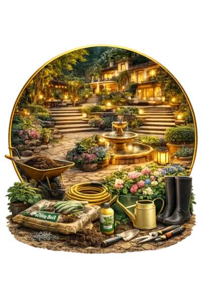 Luxury villa garden with terraces, fountain, plants, and landscaping tools