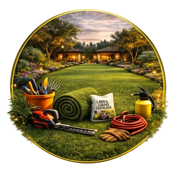 Garden lawn with tools including hedge trimmer, hose, gloves, sprayer, rolled turf, and maintenance equipment in a landscaped yard
