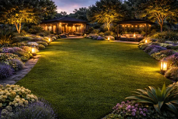 Luxury villa garden with landscape lighting, illuminated pathways, trees, and well-designed outdoor greenery.