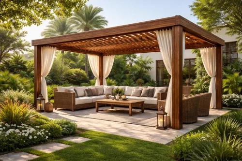 Wooden pergola with curtains and seating area in landscaped garden with plants and lawn