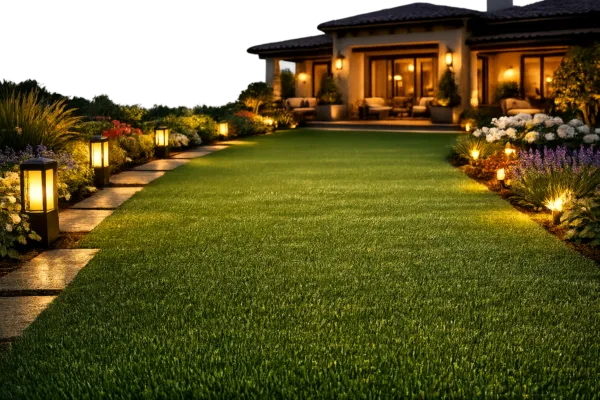 Artificial grass lawn leading to a house with pathway lights, landscaped plants, and warm exterior lighting