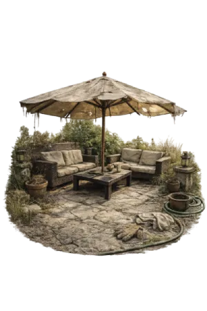 Old outdoor seating setup with torn umbrella and worn furniture in garden space