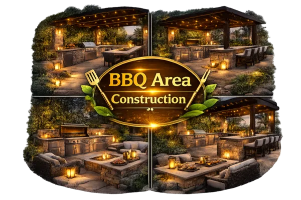 Outdoor BBQ area construction with pergola, built-in grill, seating, and warm lighting in landscaped garden settings.