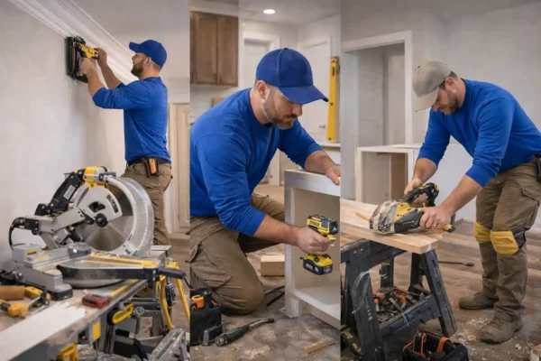 Carpenter installing trim, assembling cabinets, and cutting wood using power tools indoors