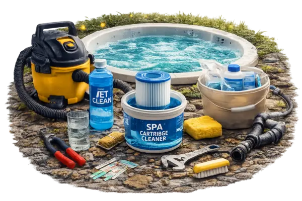 Hot tub cleaning equipment including vacuum, spa cartridge cleaner, tools and maintenance supplies