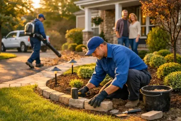 Handyman installing landscaping stone pathway with a couple in the background and another worker using a leaf blower.