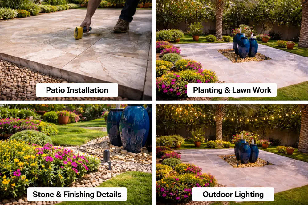 Luxury backyard landscaping project featuring stone patio installation, decorative garden beds, lush lawn planting, and ambient outdoor lighting.